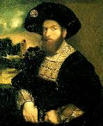Dosso Dossi portratt av en man i svart barett oil painting